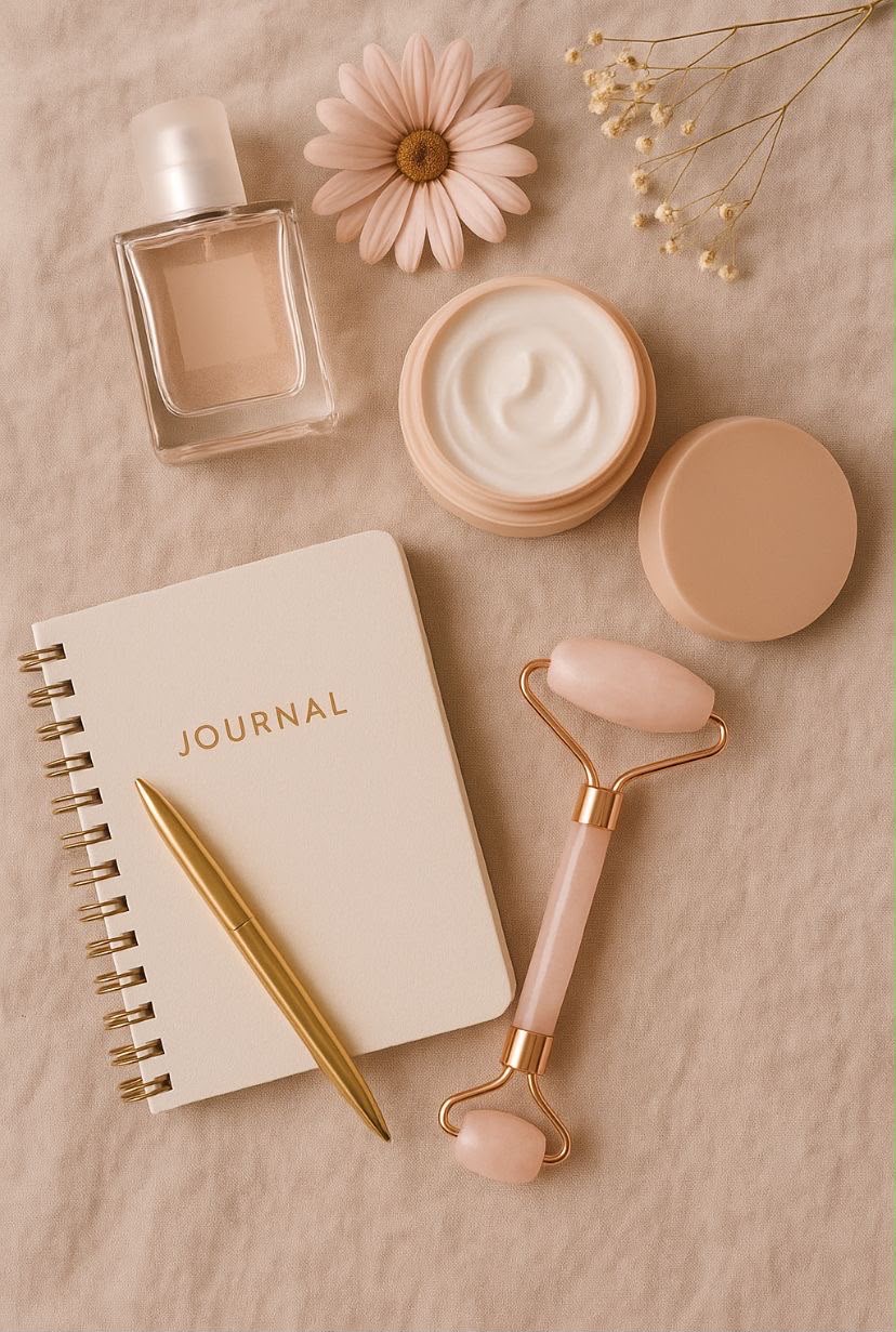 Skincare flat lay in soft beige tones with journal, cream jar and facial roller