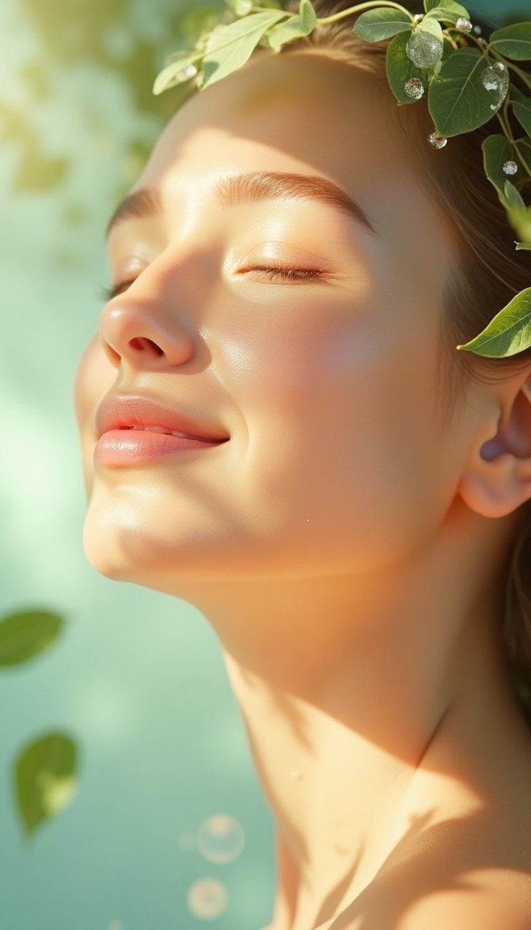 Close portrait of luminous skin in soft daylight with green foliage