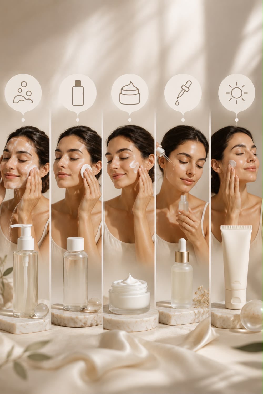 Five-step skincare routine sequence photographed in warm neutral light