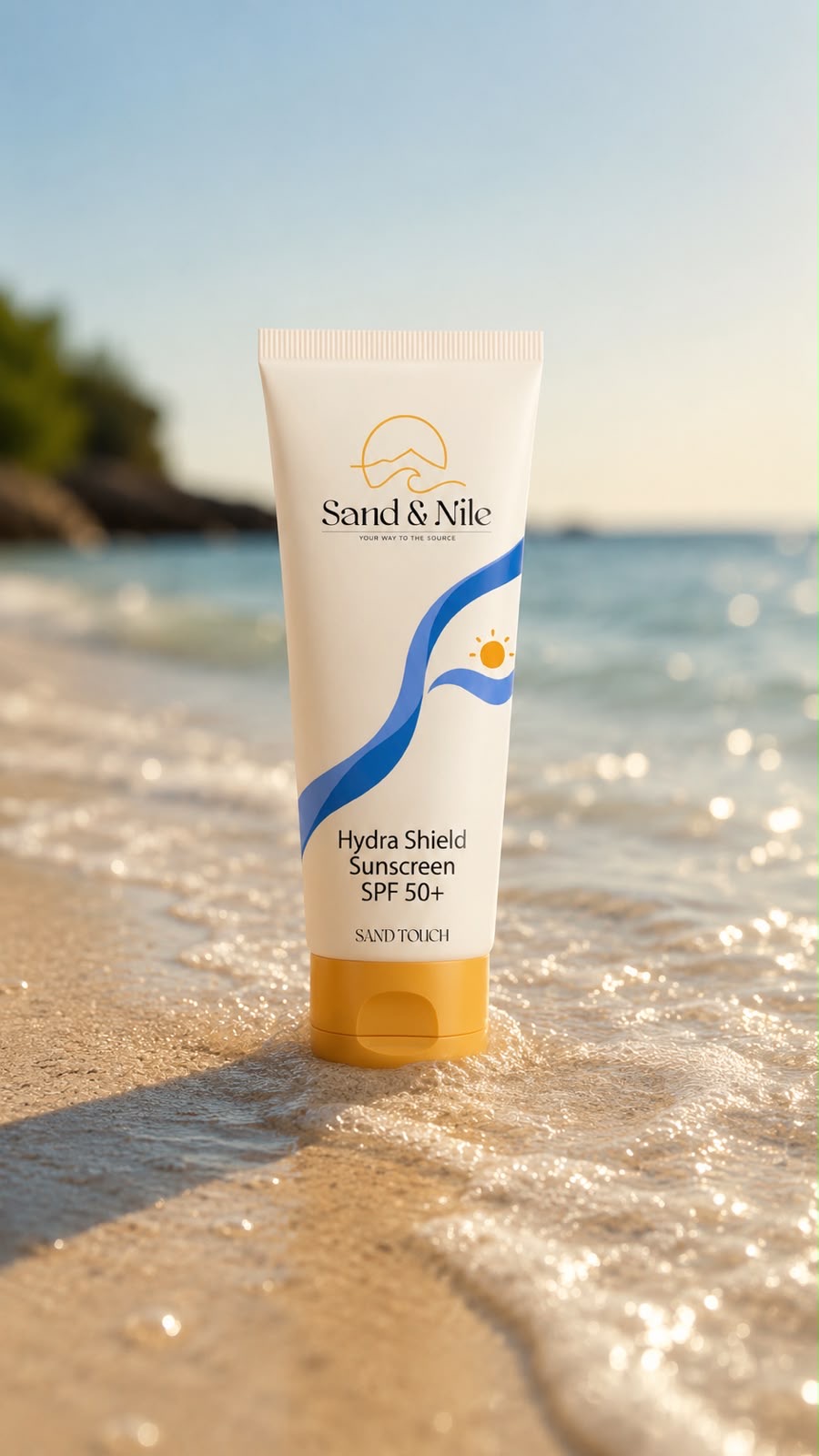 Sand Touch SPF 50+ sunscreen tube resting on sunlit shoreline sand